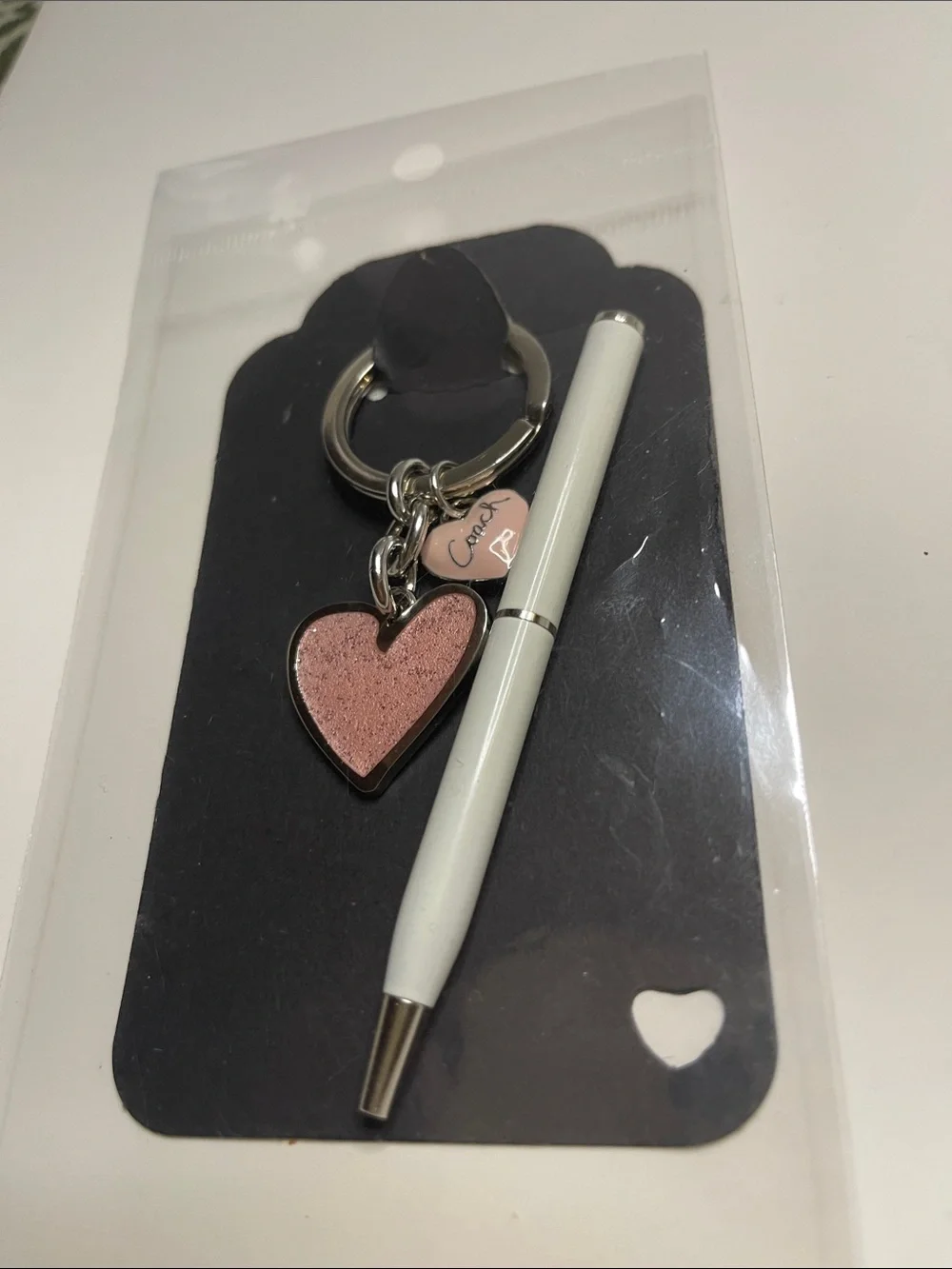 Coach Pink Glitter Heart Keychain with Small Heart Charm and Coach Pen - Picture 7 of 7